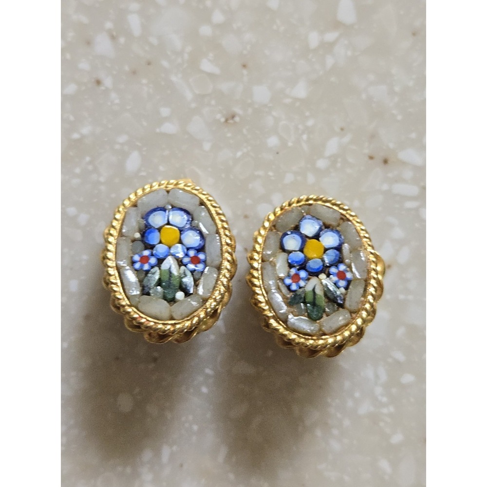 Vintage Gold Tone Micro Mosaic Clip-On Earrings Floral Design Blue White